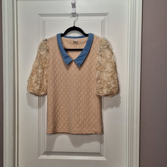 Blue Candy Cream Collared Blouse with Floral Sleeves - Picture 1 of 6